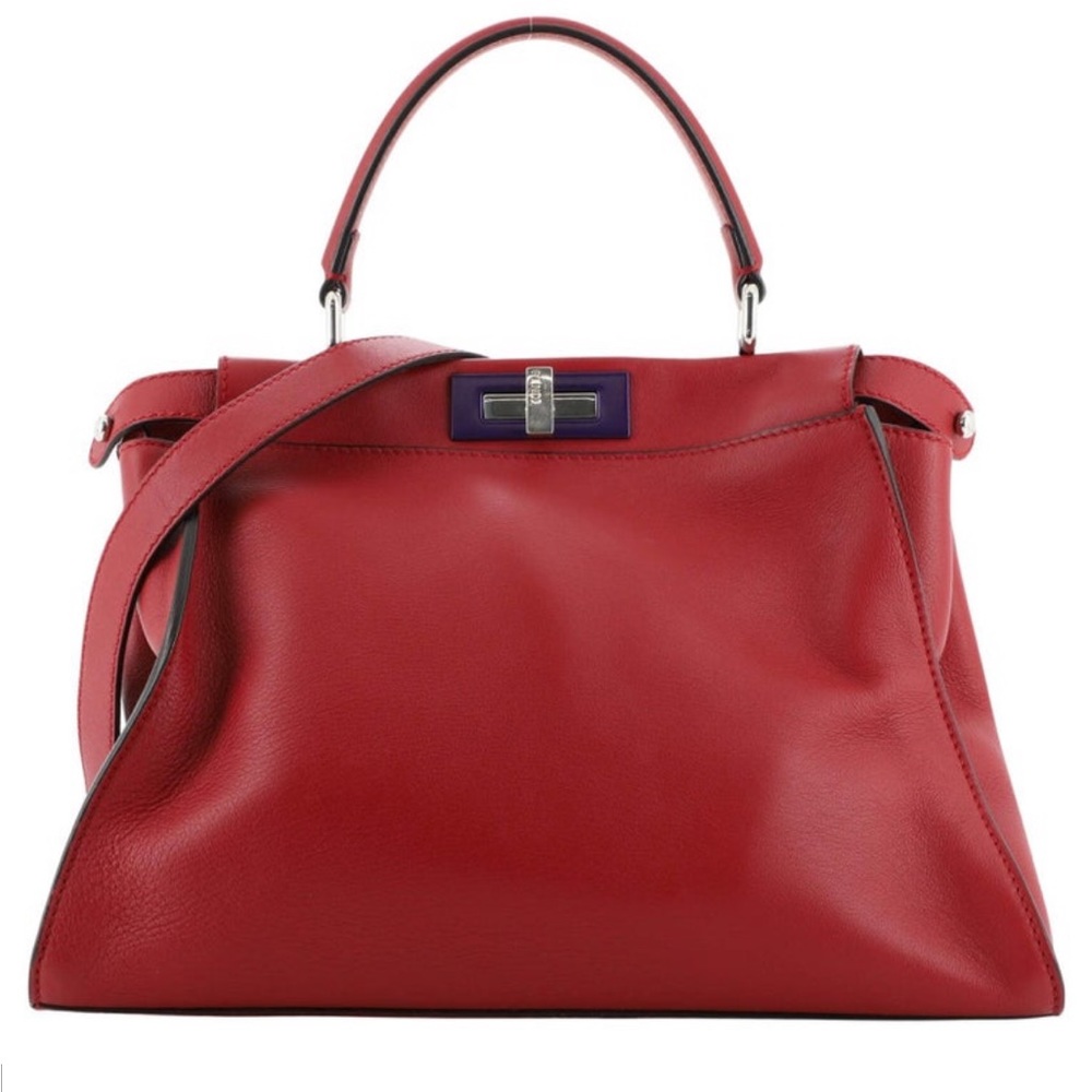 Auth Fendi red peekaboo iconic turn closure rigid leather top handle handbag - Picture 1 of 16